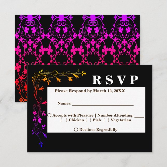 Invitación Neon Floral Vines en fondo negro Menú RSVP (Anverso / Reverso)