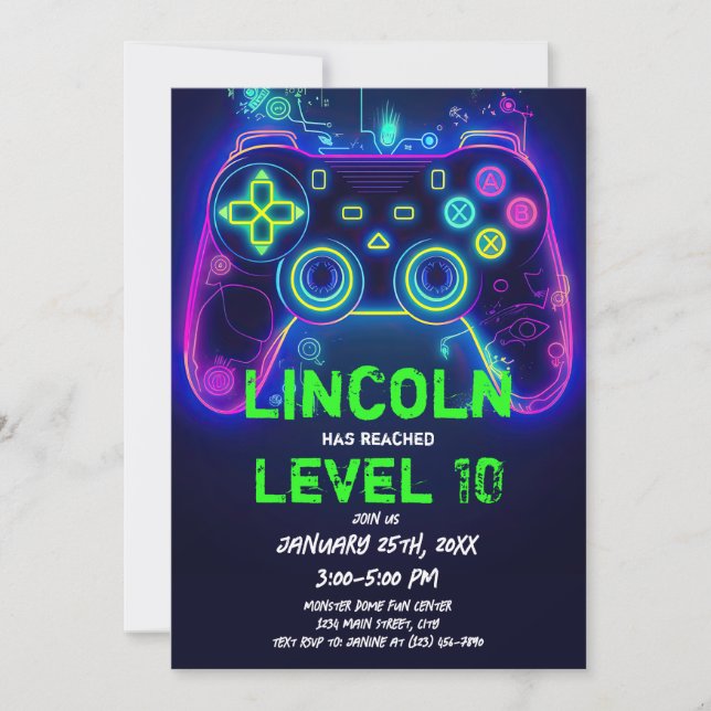 Invitación Neon Gamer Arcade Video Game Level Up Cumpleaños (Anverso)