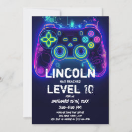 Invitación Neon Gamer Arcade Video Game Level Up Cumpleaños