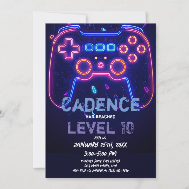 Invitación Neon Gamer Arcade Video Game Level Up Cumpleaños (Anverso)