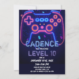 Invitación Neon Gamer Arcade Video Game Level Up Cumpleaños