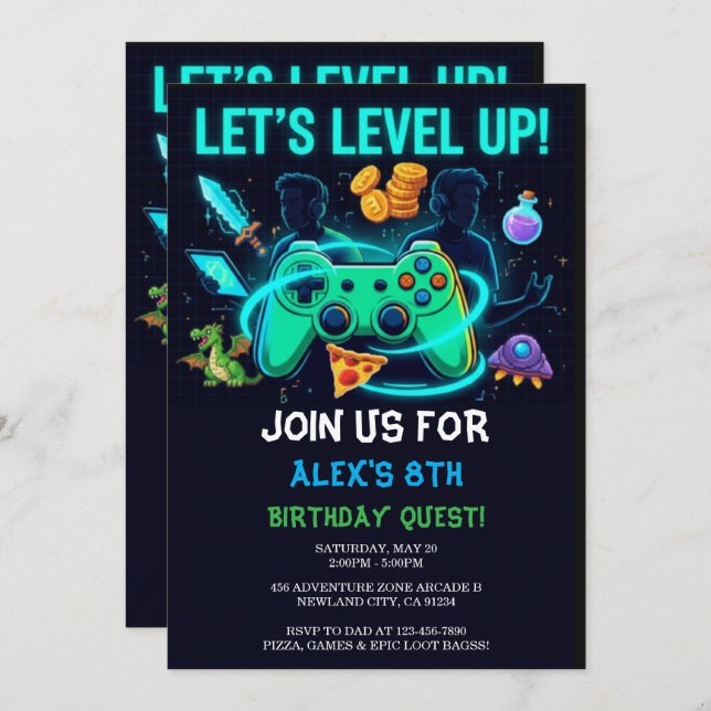 Invitación Neon Gamer Birthday Invitation Editable Template (Anverso / Reverso)