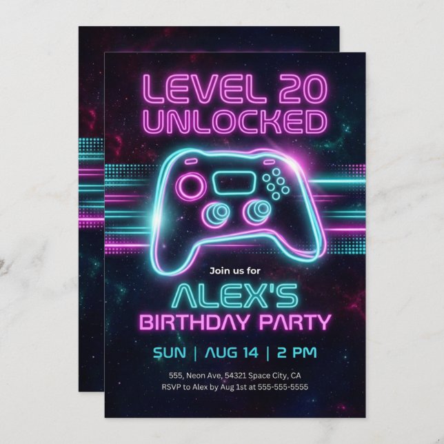 Invitación Neon Gamer Birthday Invitation Game for Teen Boy  (Anverso / Reverso)