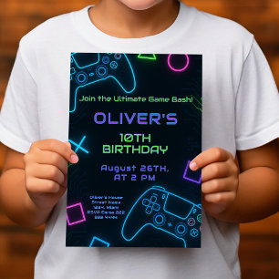 Invitación Neon Gamer Fiesta - Videojuego Cumpleaños