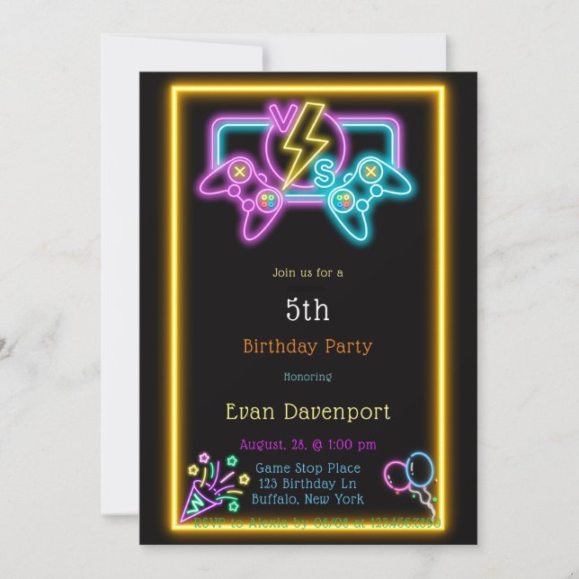 Invitación Neon Gaming Birthday (Anverso)