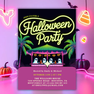 Invitación Neon Ghosts Palm Trees Fiesta de Halloween Tropica