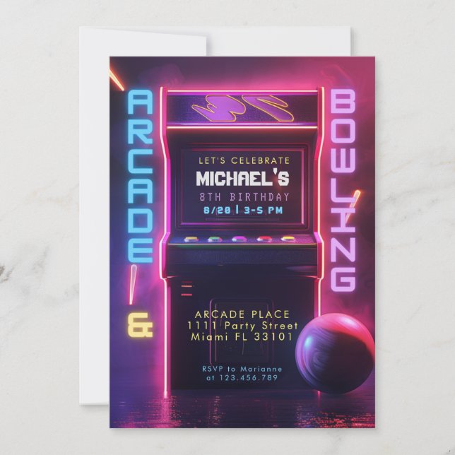 Invitación Neon Glow Arcade Y Bowling Fiesta de Cumpleaños (Anverso)