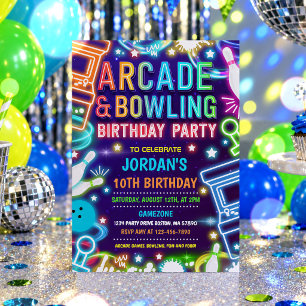 Invitación Neon Glow Arcade Y Bowling Fiesta de Cumpleaños