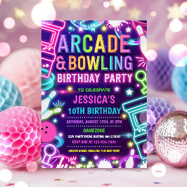 Invitación Neon Glow Arcade Y Bowling Fiesta de Cumpleaños
