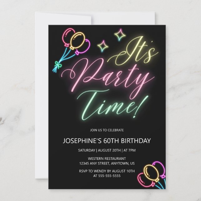 Invitación Neon Glow Balloon Fiesta Hora Cumpleaños (Anverso)