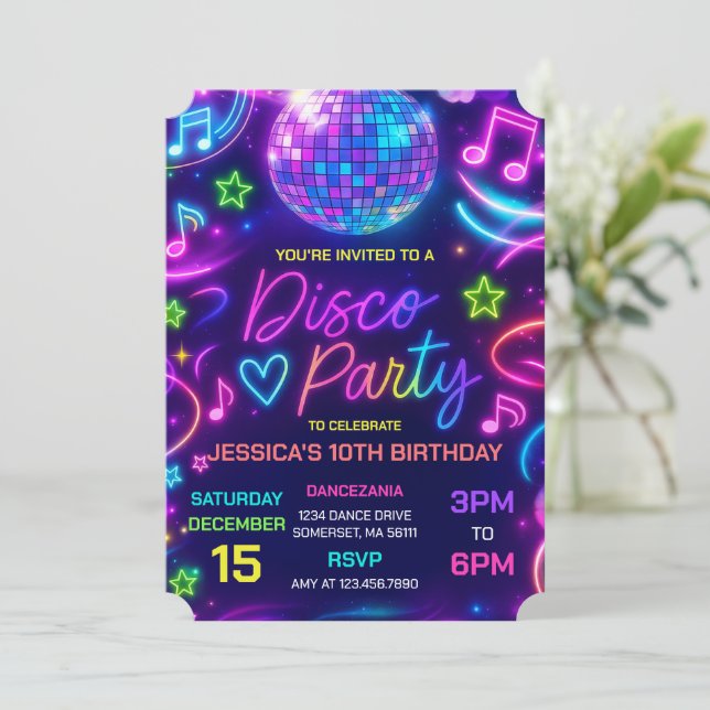 Invitación Neon Glow Disco Dance Fiesta Cumpleaños (Anverso de pie)