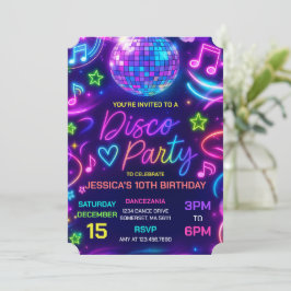 Invitación Neon Glow Disco Dance Fiesta Cumpleaños