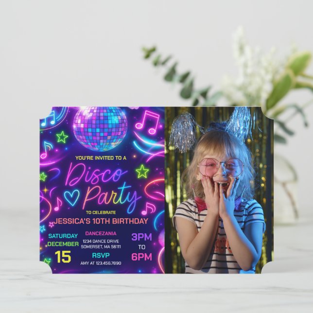 Invitación Neon Glow Disco Dance Fiesta de cumpleaños (Anverso de pie)