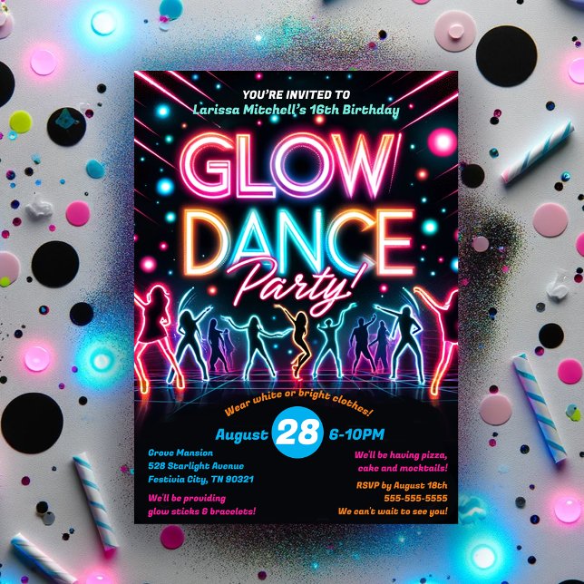 Invitación Neon Glow en la fiesta del cumpleaños de la danza  (Subido por el creador)