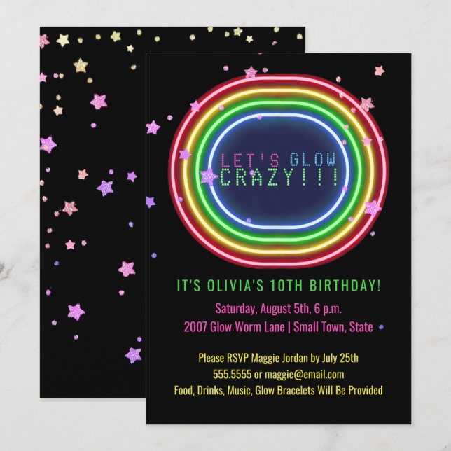 Invitación Neon Glow Fiesta | Niños Estrellas de Fiesta de cu (Anverso / Reverso)