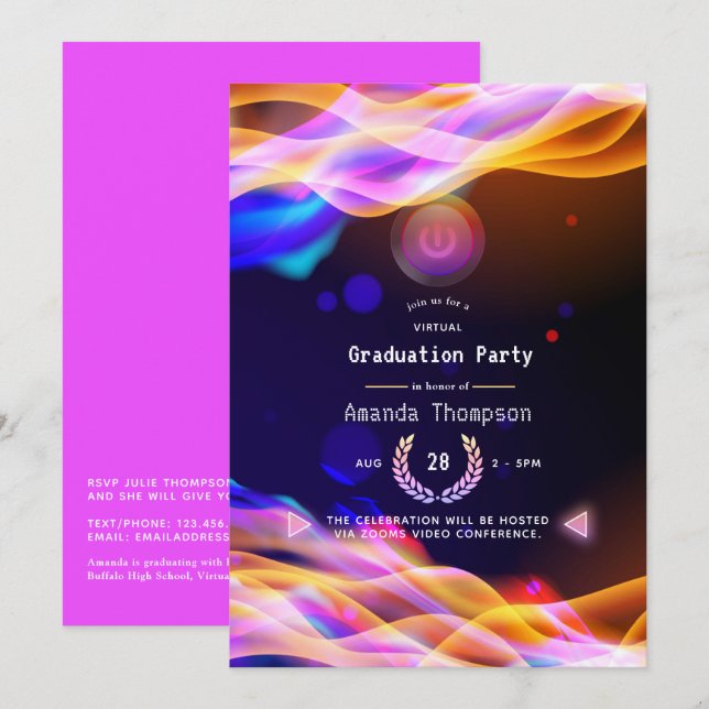 Invitación Neon Glow Flama fiesta virtual de graduación (Anverso / Reverso)