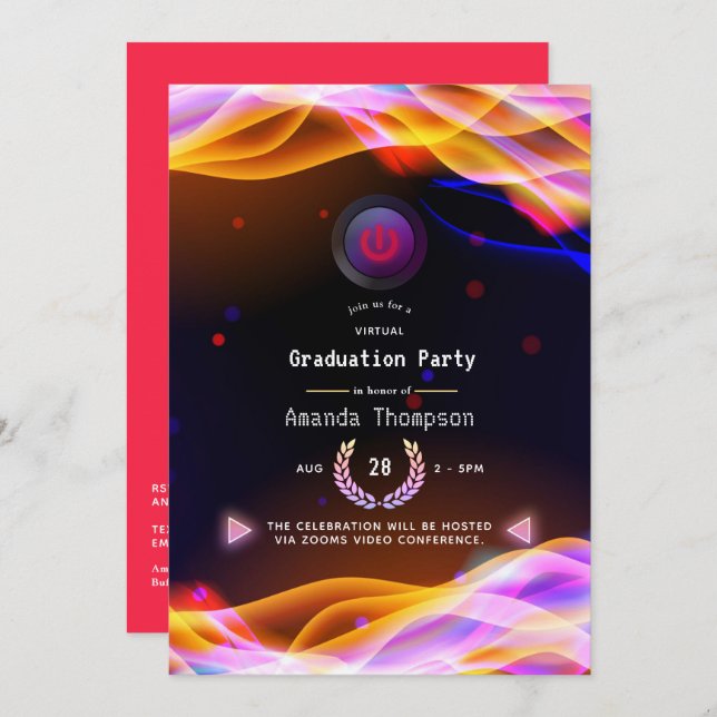 Invitación Neon Glow Flama fiesta virtual de graduación (Anverso / Reverso)