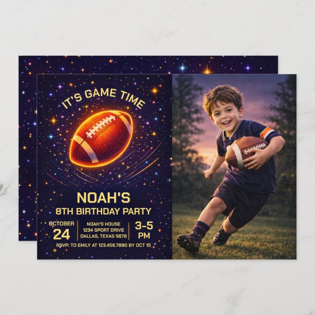 Invitación Neon Glow Football Birthday Photo Invitation (Anverso / Reverso)