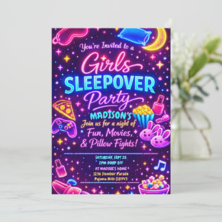 Invitación Neon Glow Girls Sleepover Party Night Slumber