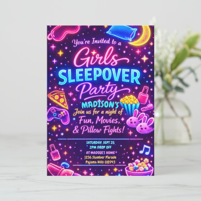Invitación Neon Glow Girls Sleepover Party Night Slumber (Anverso de pie)