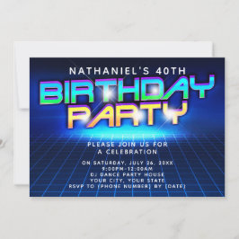 Invitación Neon Glow Grid Mens 40.ª Fiesta de cumpleaños