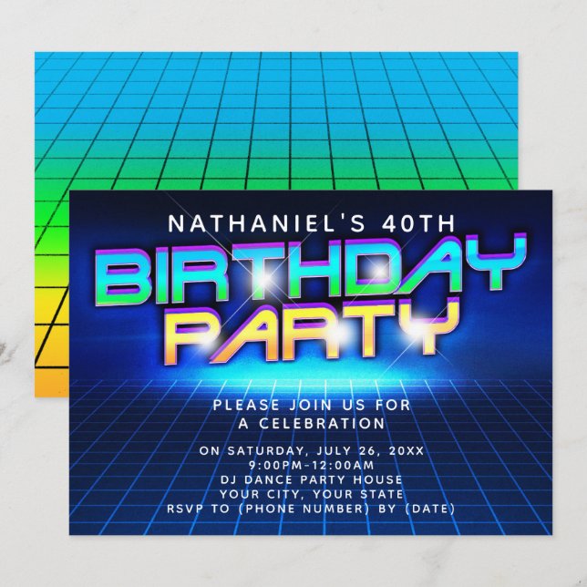 Invitación Neon Glow Grid Mens 40.ª Fiesta de cumpleaños (Anverso / Reverso)