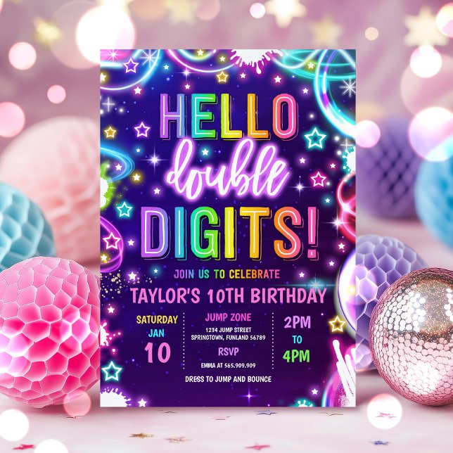 Invitación Neon Glow Hello Dos dígitos dobles 10 cumpleaños (Subido por el creador)