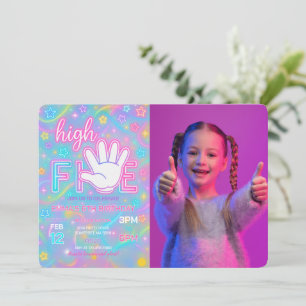 Invitación Neon Glow High Five 5Birthday Party Photo