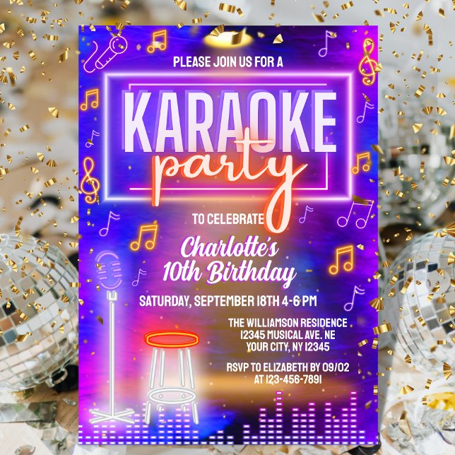 Invitación Neon Glow Karaoke cantando fiesta musical de cumpl (Subido por el creador)
