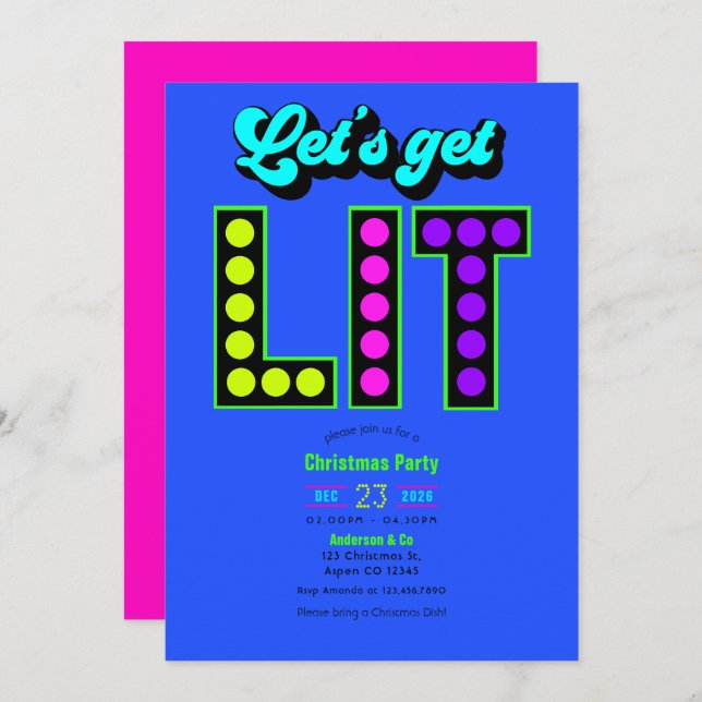 Invitación Neon Glow Let’s Get Lit Retro Christmas Party (Anverso / Reverso)