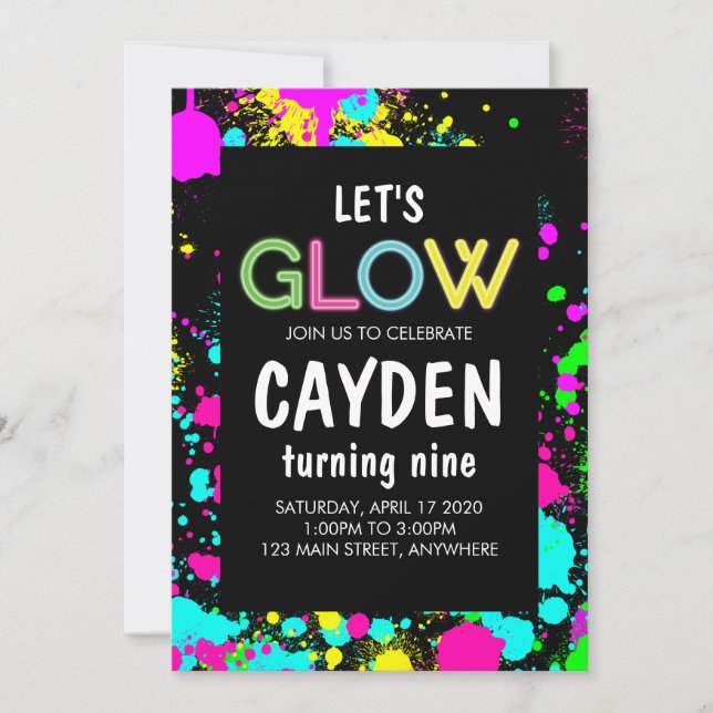 Invitación Neon Glow Paint Splatter Cumpleaños (Anverso)