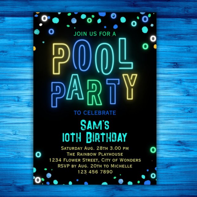 Invitación Neon Glow Pool Fiestas Boys fiesta de cumpleaños d (Subido por el creador)