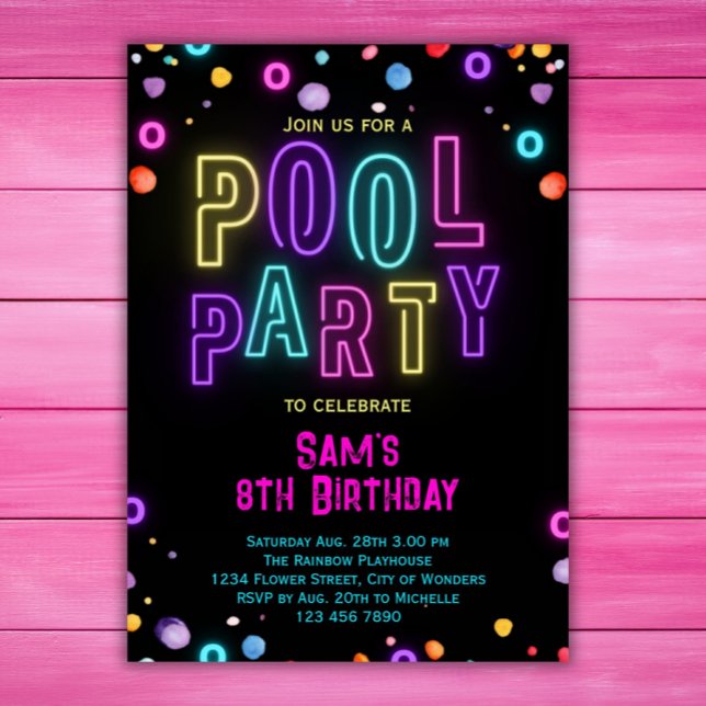 Invitación Neon Glow Pool Fiestas Chicas Pink Purple Cumpleañ (Subido por el creador)