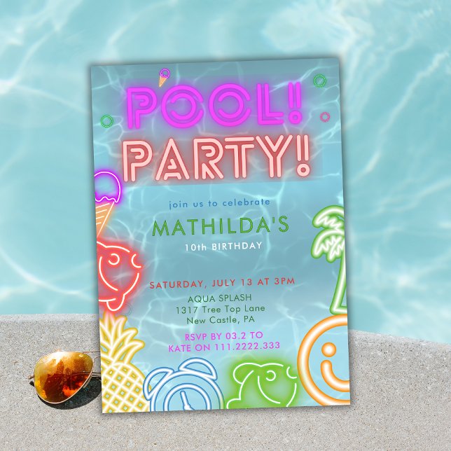 Invitación Neon Glow Pool Party Any Age Birthday  (Subido por el creador)
