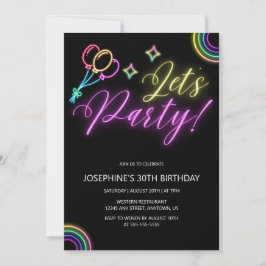 Invitación Neon Glow Rainbow Balloon Birday