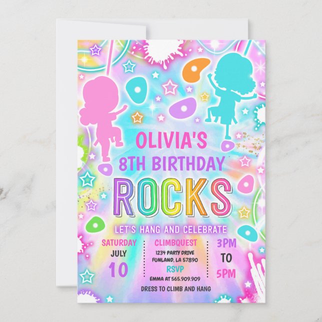 Invitación Neon Glow Tie Dye Rock Climbing Birthday Party (Anverso)