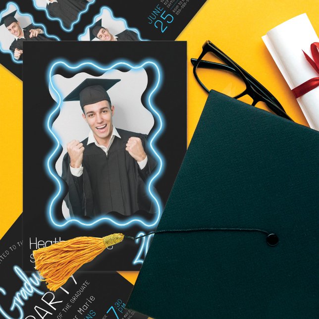 Invitación Neon Glow Wavy Border Photo Graduation Party (Subido por el creador)