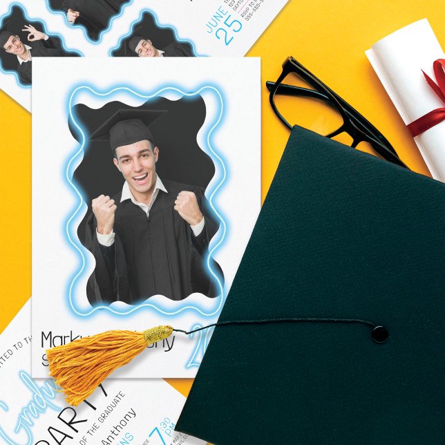 Invitación Neon Glow Wavy Border Photo Graduation Party (Subido por el creador)