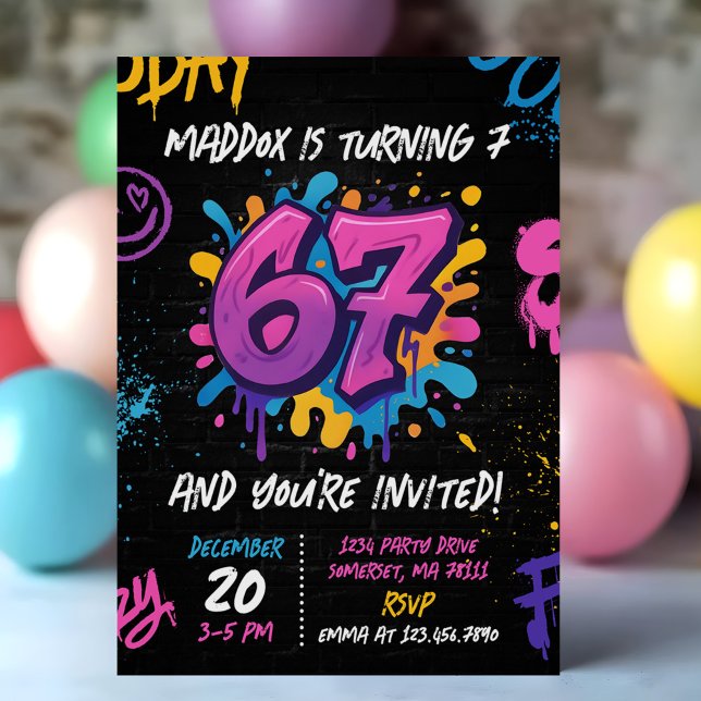 Invitación Neon Graffiti Six Seven Kids 7th Birthday Party (Subido por el creador)