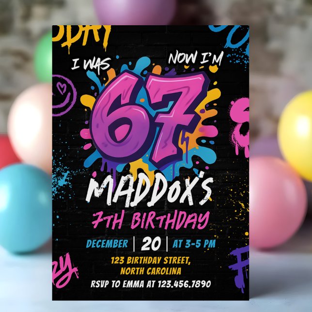 Invitación Neon Graffiti Six Seven Kids 7th Birthday Party (Subido por el creador)