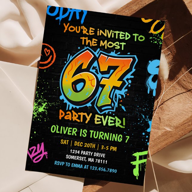 Invitación Neon Graffiti Six Seven Kids 7th Birthday Party (Subido por el creador)