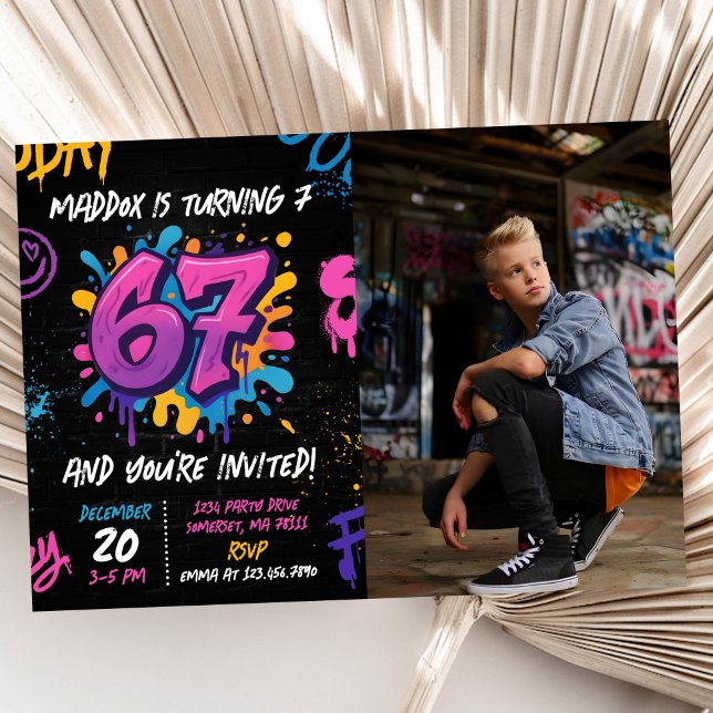 Invitación Neon Graffiti Six Seven Kids 7th Birthday Photo (Subido por el creador)