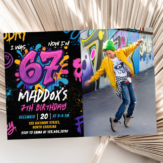 Invitación Neon Graffiti Six Seven Kids 7th Birthday Photo