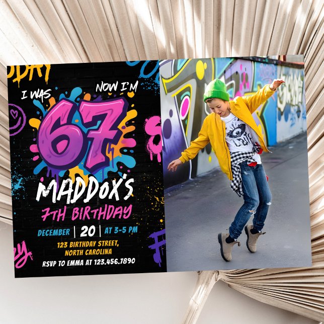 Invitación Neon Graffiti Six Seven Kids 7th Birthday Photo (Subido por el creador)