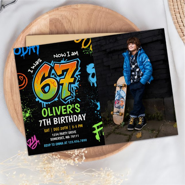 Invitación Neon Graffiti Six Seven Kids 7th Birthday Photo (Subido por el creador)
