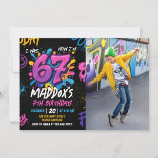 Invitación Neon Graffiti Six Seven Kids 7th Birthday Photo