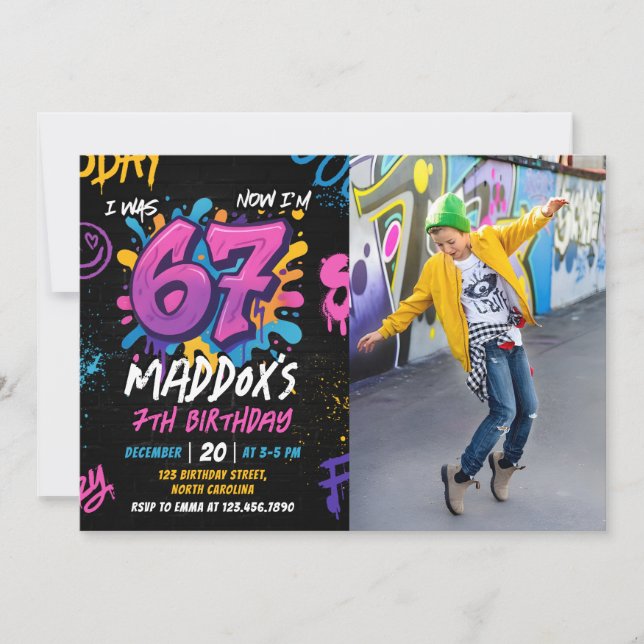 Invitación Neon Graffiti Six Seven Kids 7th Birthday Photo (Anverso)