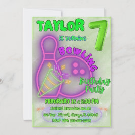 Invitación Neon Green y Purple Kids Bowling Fiesta de cumplea