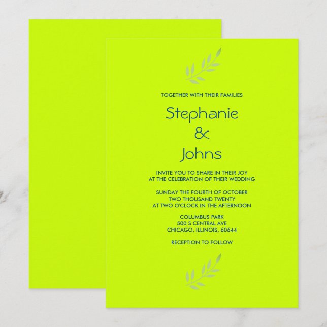 Invitación Neon Green Yellow Colorful Bright Leaves Boda (Anverso / Reverso)