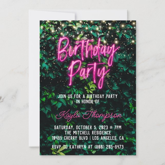 Invitación Neon Greenery Green Wall Fiesta de cumpleaños (Reverso)